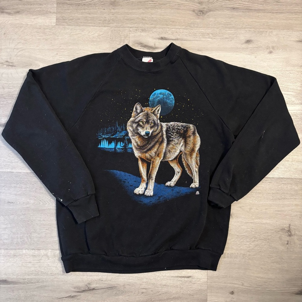 Jerzees Black Crewneck Sweatshirt with Wolf and Blue Moon Graphic